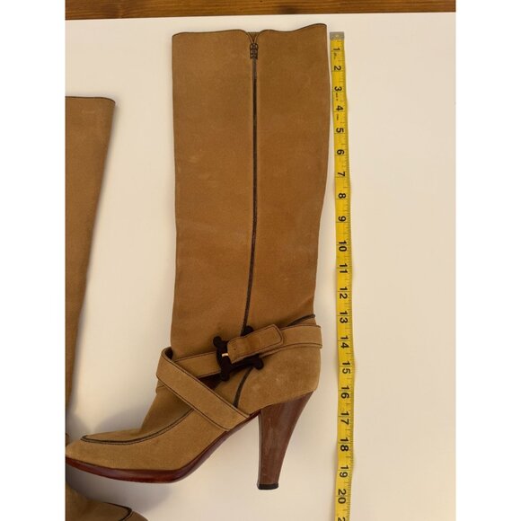 Vintage Celine Tan Knee-High Suede Heeled Boots With Strap & Buckle Detail - Picture 2 of 7